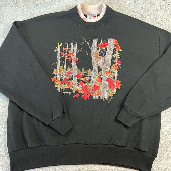 Morning Sun Tops - Morning Sun Vintage Women's sz 2XL Fall Leaves Nature Squirrel Black Sweatshirt